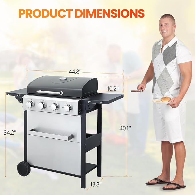 4-Burner Propane Gas Grill with 2 Foldable Side Tables 34200 BTU Outdoor BBQ Grill with Porcelain-Enameled Flame Tamers Built-in Thermometer Easy Assembly for Patio Backyard BBQ