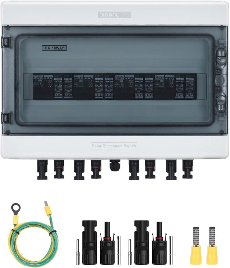 DIHOOL Solar Disconnect Switch 40Amp DC Circuit Breaker with Surge Protector PV Combiner Box for Solar Panel 4 in 4 Out 1000V
