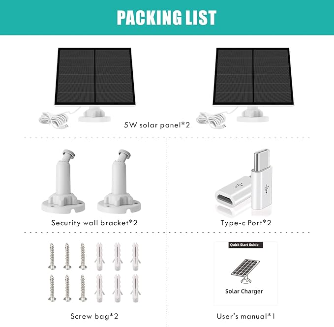 Solar Panel for Security Camera 5W USB Solar Panel for Micro USB and USB-C Port Outdoor Rechargeable Battery Camera Solar Panels with 9.8ft Cable Adjustable Wall Mount IP65 Waterproof 2 Pack