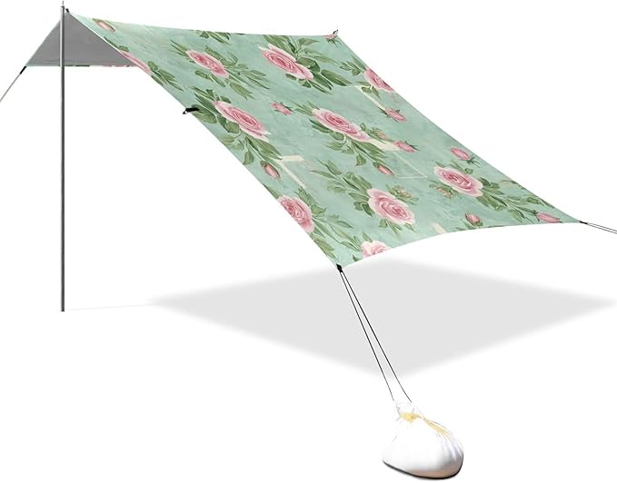 xigua Rose Beach Tent Sun Shelter with Carrying Bag - Silver Coated Oxford Fabric Beach Canopy for Beach Camping Fishing - Includes Windproof Ropes Sandbags &amp Stakes