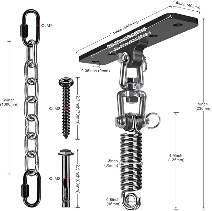 Dolibest Hammock Chair Hanging Kit Heavy Duty Swing Hanger with Spring and 39 Chain Indoor Outdoor Playground Hanging Hammock Punching Bags 360+180° Rotation Easy to Install Black