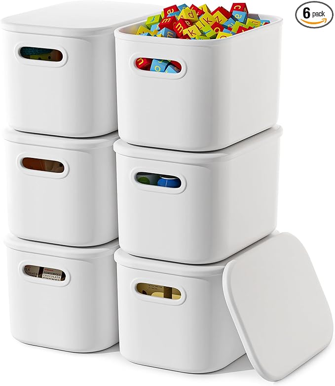 6 Pack White Storage Bins with Lids Stackable Storage Container for Organizing Small Storage Boxes with Handle for Shelves Cute Organizer Bins for Craft Snacks 9.85x6.9x5.7 inch
