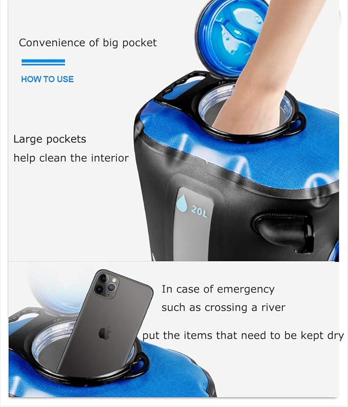 Portable Camping Outdoor Shower Bag BPA-Free 5 Gallons/20L Solar Heating Camp Leak Proof Shower Bag with Thermometer High Pressure Foot Pump kit for Camping Road Travel