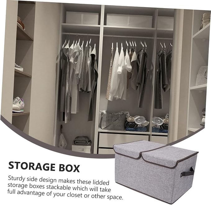 PRETYZOOM Foldable Fashion Storage Basket in Cotton Linen Double Lids Sturdy Collapsible Wardrobe Storage Box for Books Toys Magazines