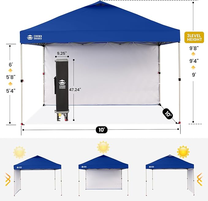 CROWN SHADES 10x10 Pop Up Canopy with 1 Side Wall - Beach Tent with One Push Setup - Outdoor Sun Shade for Events Parties Camping - Gazebo with STO-N-Go Cover Bag (Navy Blue)