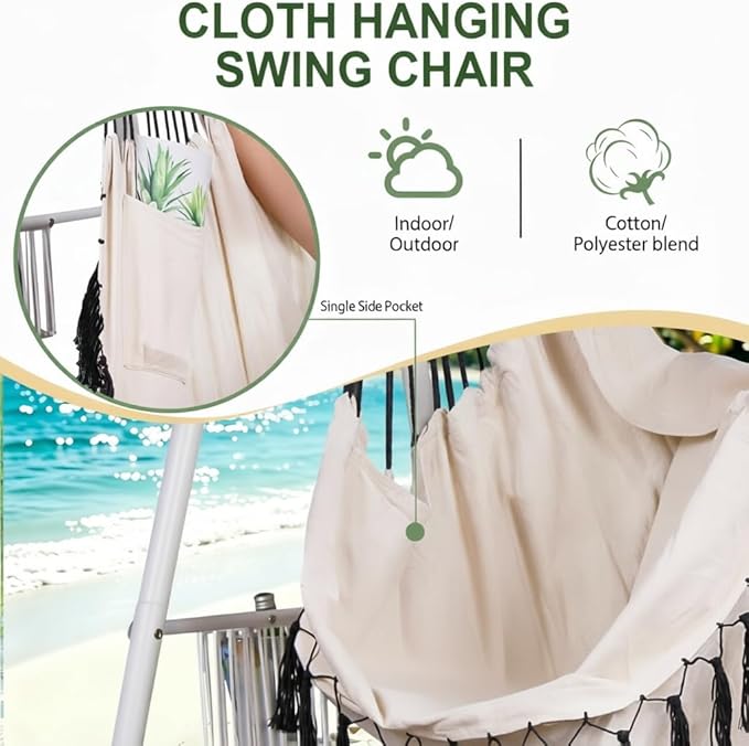 Hammock Chair Hanging Rope Swing &amp Stand Set with Two Holders Heavy Duty Hanging Stand with Three Hooks Multi-Use for Indoor Outdoor Patio Yard Garden(White &amp Khaki)