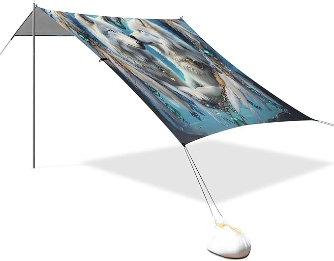ALAZA Arctic Wolf Dreamcatcher Beach Tent Sun Shelter UPF50+ Protection Beach Shade Canopy w/ 4 Sandbags for Outdoor Camping Fishing Backyard Fun Picnic 10x9 ft