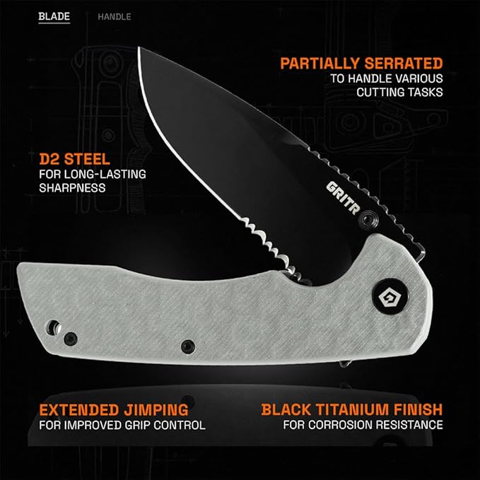 GRITR Stealth Folding Pocket Knife w/ 3.5 D2 Steel Blade for Military Hunting Camping Hiking – Gray Handle Partially-Serrated Blade with Black Titanium Finish