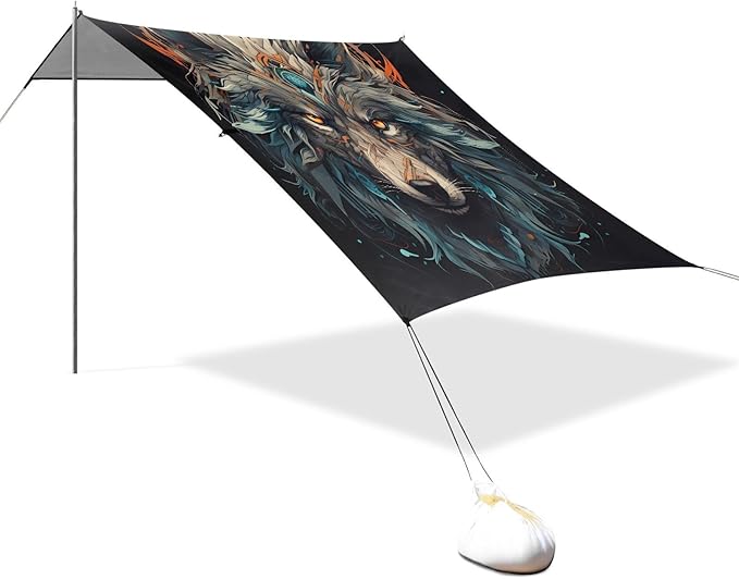 ALAZA King of Wolf Beach Tent Sun Shelter UPF50+ Protection Beach Shade Canopy w/ 4 Sandbags for Outdoor Camping Fishing Backyard Fun Picnic 10x9 ft