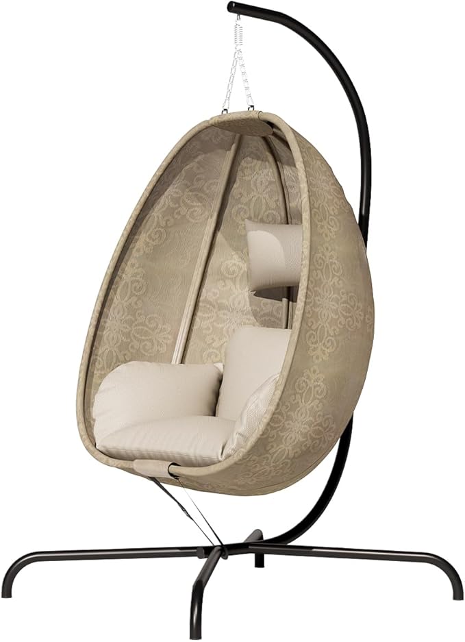 ALAULM Foldable Egg Chair with Stand 485LBS Capacity Textilene Hammock Swing Chair for Outdoor &amp Indoor Patio Hanging Chair with Strong Frame &amp UV Resistant Cushion for Balcony Bedroom Cre