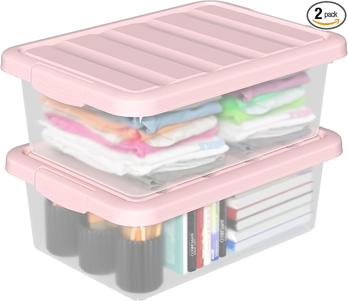 14-Quart Storage Container Bin with Pink Secure Lid and Latch Buckles Durable Plastic Stackable Nestable Organizin 2-Pack