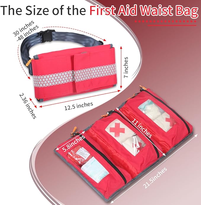 Empty First Aid Waist Bag Molle Medical Pouch with Belt EMS Fanny Pack with Three-piece SystemIFAK Medical Bag for CampingHiking or Traveling (Red)
