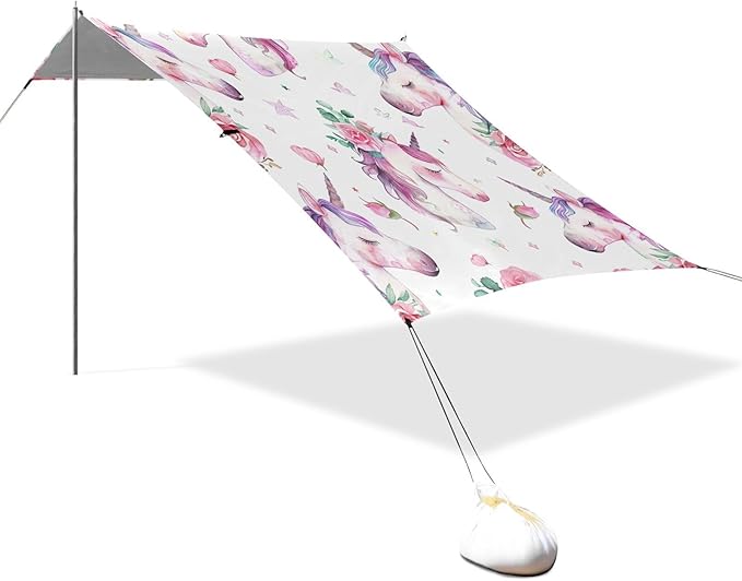 ALAZA Cute Watercolor Design Colored Unicorn Rose Beach Tent Sun Shelter Portable Canopy Sunshade for Outdoor Camping Picnics Backyard Fun 10x9 ft