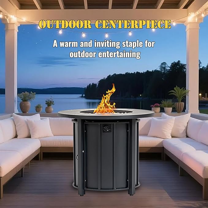 30'' Concrete Round Gas Fire Pit 50000 BTU Steel Outdoor Fire Tables Fire Table with Lid Add Warmth &amp Ambience to Gatherings and Parties On Patio Deck Garden BackyardWhite Glass Stone.
