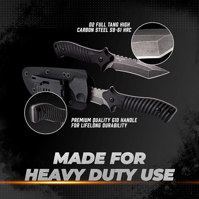 OERLA OLK-D47 Tactical Survival Knife with Kydex Sheath D2 High Carbon Steel Fixed Blade Outdoor Knife G10 Handle EDC Tactical Belt Clip
