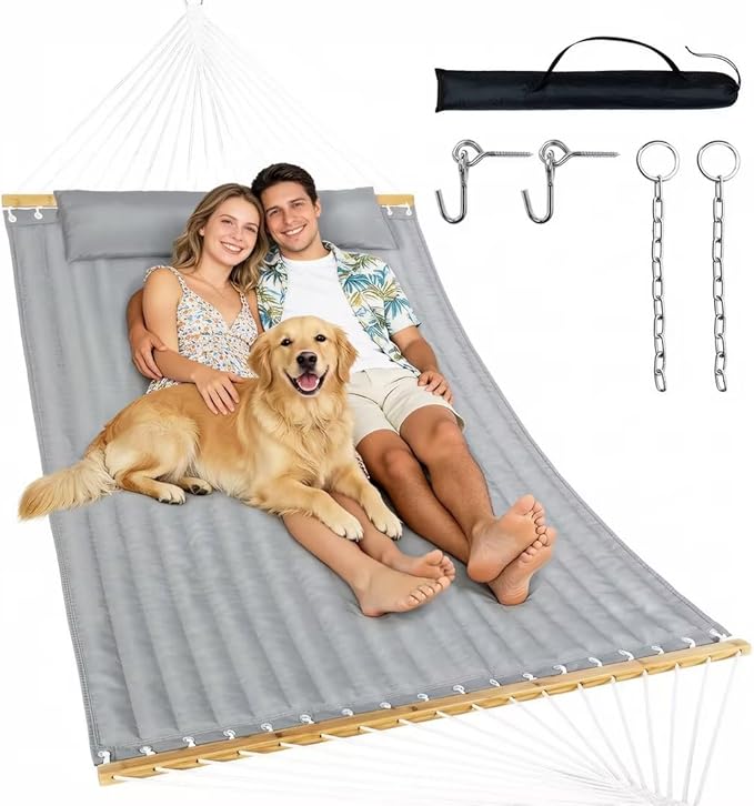 Everyfun Double Hammock with Spreader Bar &amp Pillow Portable 500lbs Capacity for Outdoor Camping Patio Backyard RelaxationGray
