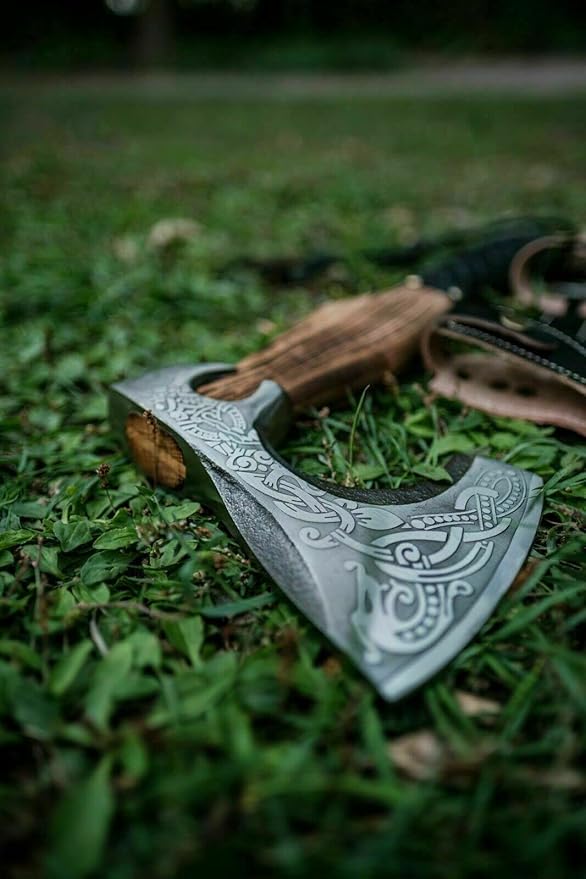 Hand-Forged Viking Axe with Carbon Steel Blade – Ash Wood Handle – Norse Inspired Battle Hatchet for Camping Throwing Collecting or Unique Gifting – Handmade Craftsmanship.
