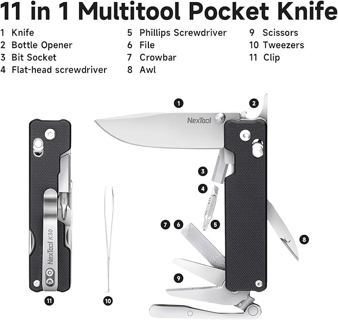 NexTool Knight K30 Multitool11-in-1 Pocket Knife Multi tool with Axis LockSerrated ScissorsTweezersAwl4mm 10-in-1 Bit Set for DIY、Repairs、Gifts