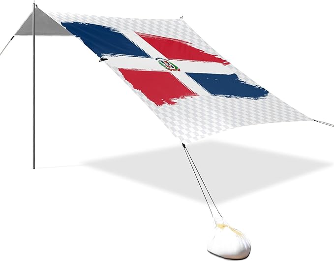 Dominican Republic Flag National Beach Tent UPF50+ Protection Water-Resistant Shade Sun Shelter with Sturdy Poles Sandbags and Shovel for Camping Fishing Backyard Fun
