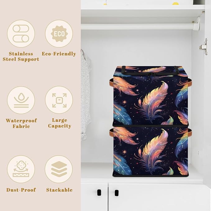 Boho Feather Storage Box with Lid Colorful Feathers Collapsible Storage Bins Baskets Cubes Closet Shelf Clothes Organizer Containers with PU Leather Handles