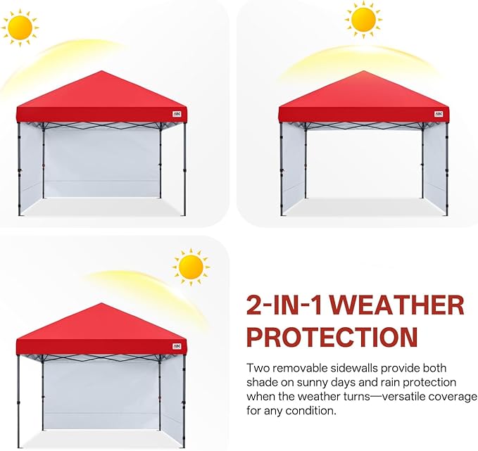 ABCCANOPY Easy Pop up Canopy Tent with 2 Sidewalls for Outdoor Sun Blocking or Rain Protection10x10 Red
