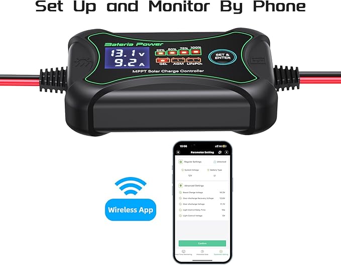 10A MPPT Wireless Solar Charge Controller with BT Bateria Power 12 Volt Phone APP Intelligent Control Solar Regulator with LCD Display LED Indicate Light for Gel AGM Lithium LiFePO4(Sunrock 10Pro)