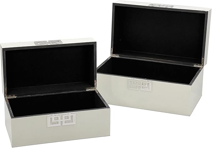 Galt International Storage Box Set Decorative Storage Box w/Hinged Lid Classic Design Wood Decor Boxes with Geometric Clasp Storage for Bedroom &amp Home - Set of 2 (White &amp Silver)