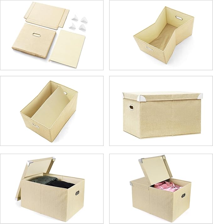 CONTAIL 19.7 58 Quart Collapsible Storage Bins with Foldable LidsStackable Linen Fabric Closet Boxes with Handle19.68”X13.77”X12.2”Khaki