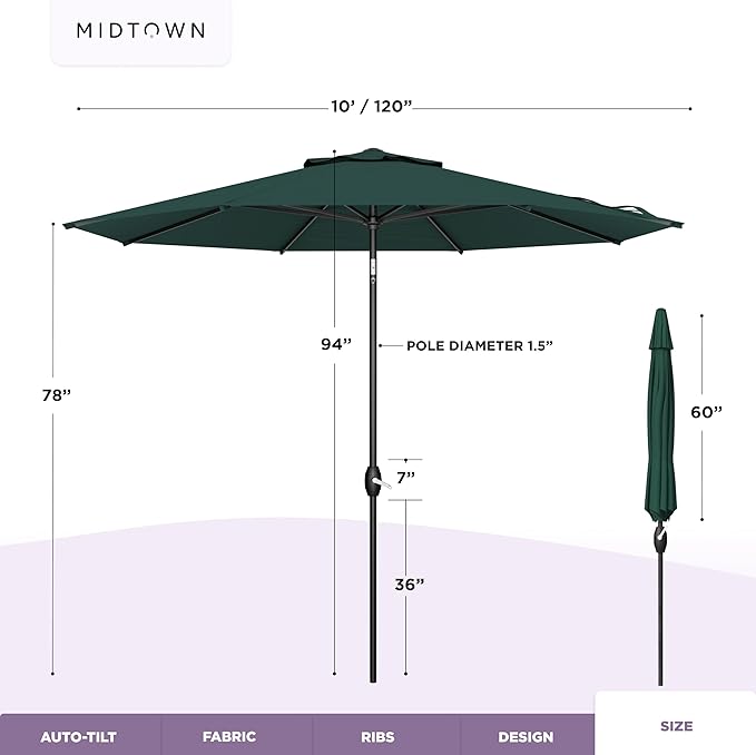 Midtown Umbrellas - 10-Year-No-Fade 10 Ft Patio Umbrella with Terylast Fabric Auto-Tilt Aluminum Frame and 8 Reinforced Ribs for Deck Pool Garden &amp Beach - Forest Green Canopy Black Pole