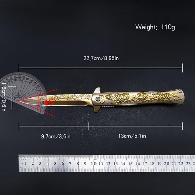 Folding Knives with 3D relief rose pattern 3.6 8Cr14Mov Steel Blade 8Cr14MovHandle Liner Lock Knife with Clip for Outdoor Camping Fishing Hunting (A3)