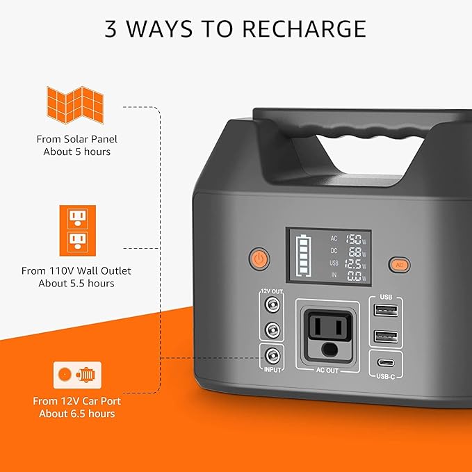 EnginStar Portable Power Station 150W 155Wh Solar Generator 110V 42000mAh Portable Power Bank w/AC Outlet 6 Outputs External Battery Backup LED Light for Outdoor Camping