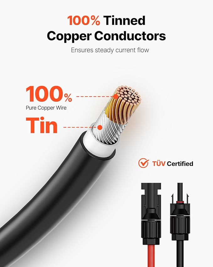 VEVOR 20FT Solar Panel Extension Cable 10AWG Solar Extension Cable Wire with Female &amp Male Waterproof Connectors 6mm² PV Cable for Home Ship and RV Solar Panels 20FT Black + 20 FT Red (Set of