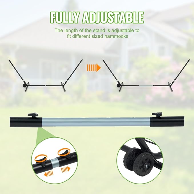 Backyard Expressions Adjustable One Size Fits All Hammock Stand with Wheels – 9FT Steel Heavy Duty Portable Frame 450 lb Capacity Easy No-Tool Assembly