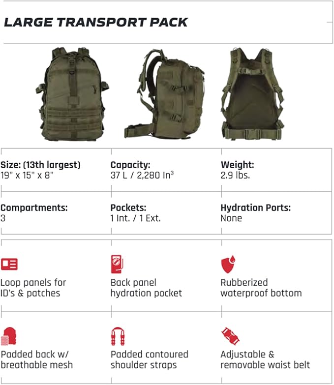 FOX OUTDOOR PRODUCTS Large Transport Pack | 37L Tactical Backpack with Compression Straps Hydration Pocket &amp Modular Webbing