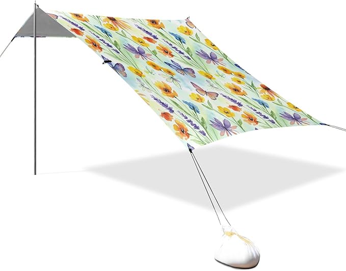 xigua Wildflowers Beach Tent Sun Shelter with Carrying Bag - Silver Coated Oxford Fabric Beach Canopy for Beach Camping Fishing - Includes Windproof Ropes Sandbags &amp Stakes