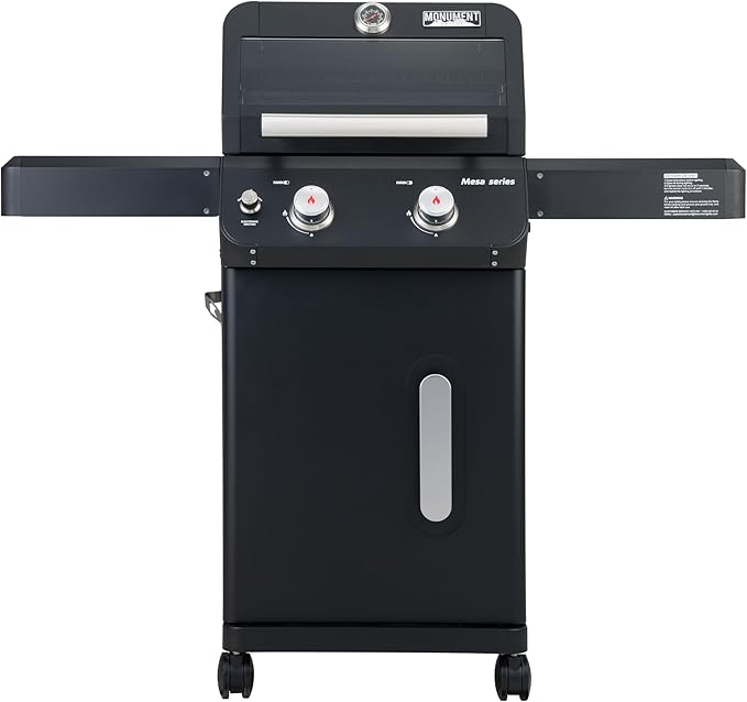 Monument Grills 2-Burner Foldable Stainless Steel Liquid Propane Gas Patio Garden Barbecue Grill with Clearview® Lid Knob Control Mesa220 with BBQ Cover