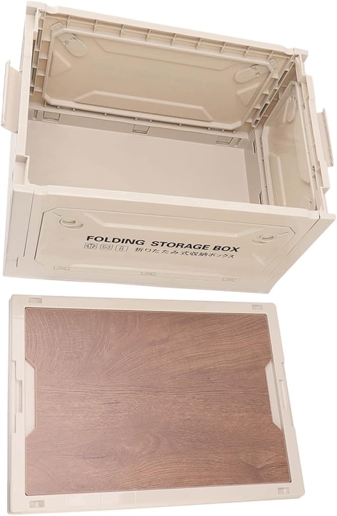 Folding Camping Storage Box with Wooden Lid Storage Bin Container with Wheels for Car Camping Picnic