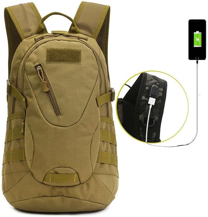 Tactical Backpack with USB Charging Port Durable Outdoor Bag for Men Military-Style Molle System Water-Resistant Travel Backpack (BLACK)
