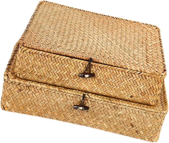 Cabilock 2pcs Woven Seagrass Storage Baskets Lid Decorative Organizers for Snacks and Household Items Natural Home Rustic Style Storage