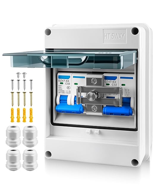 32A Dual Power Manual Transfer Switch IP65 Waterproof Circuit Breaker Box with 2Pcs 2-Pole 32A Circuit Breakers &amp Single-Side Slide Lock for 120 240V Residential and Industrial Application