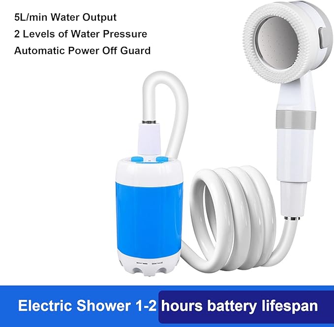 Portable Camping Shower Outdoor Camp Shower Pump Upgrade Rechargeable Electric Showing Pump with 2 Spray Modes 2M Long Hose for Camping Hiking Traveling RV