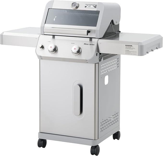 Monument Grills 2-Burner Stainless Steel Liquid Propane Gas Grill Two Foldable Shelves Patio Garden Barbecue Grill with Clearview® Lid Knob Control Mesa200S