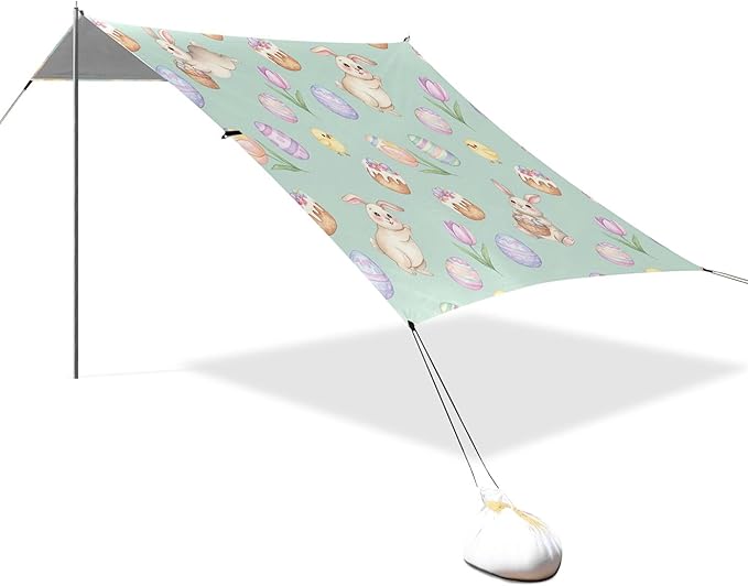 Easter Bunny Beach Canopy Sun Shelter with Sandbags &amp Sand Shovel &amp Windproof Ropes - Portable 110x126 Beach Shade Beach Tent for Camping Picnics