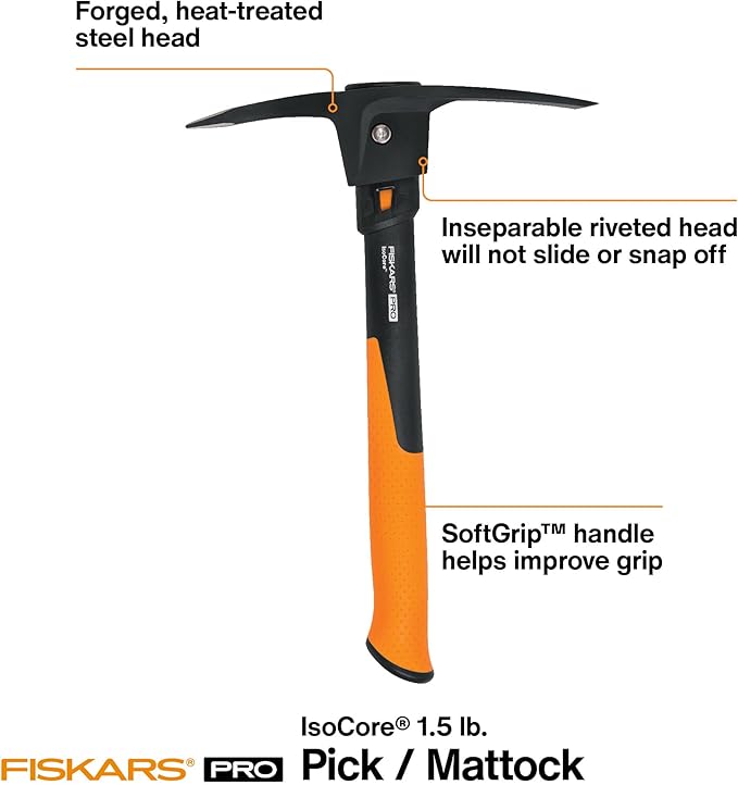 Fiskars IsoCore Pickaxe Mattock with Shock-Absorbing Handle Dual-Head Tool for Roots &amp Rocks 1.5 lb
