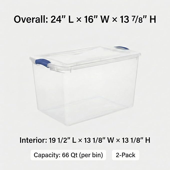 66 Qt Storage Bins with Lids 2 Pack Large Clear Plastic Storage Containers with Secure Blue Latches Stackable Clear Totes for Sports Equipment