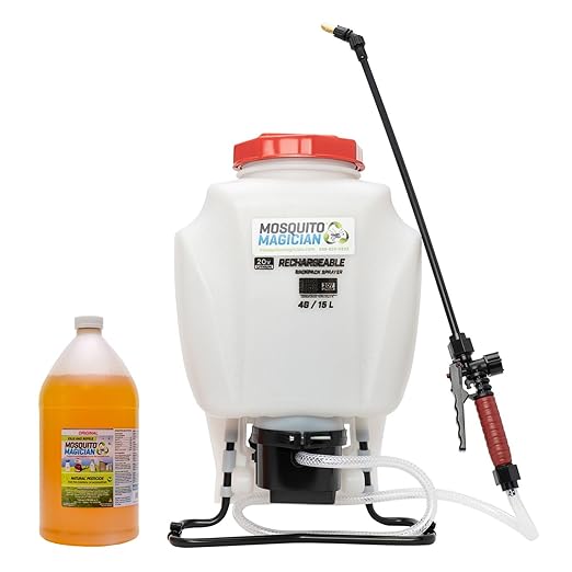 Mosquito Magician 1 Gallon Liquid Concentrate &amp 15L Battery Operated Backpack Sprayer - User-Friendly - for Yards Lawns Patios - Kills Mosquitoes Fleas Fire Ants - with 6 Natural Essential Oil