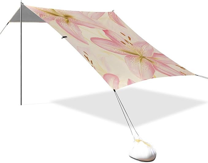 ALAZA Pink Golden Cute Lily Beach Tent Sun Shelter Portable Canopy Sunshade for Outdoor Camping Picnics Backyard Fun 10x9 ft