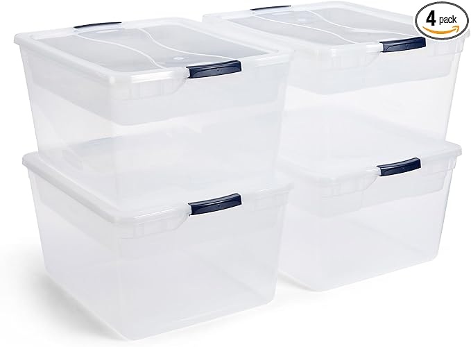 Rubbermaid Cleverstore 74 Qt Clear Storage Bins with Lids and Nesting Tray 4-Pack Stackable BPA-Free Made in USA