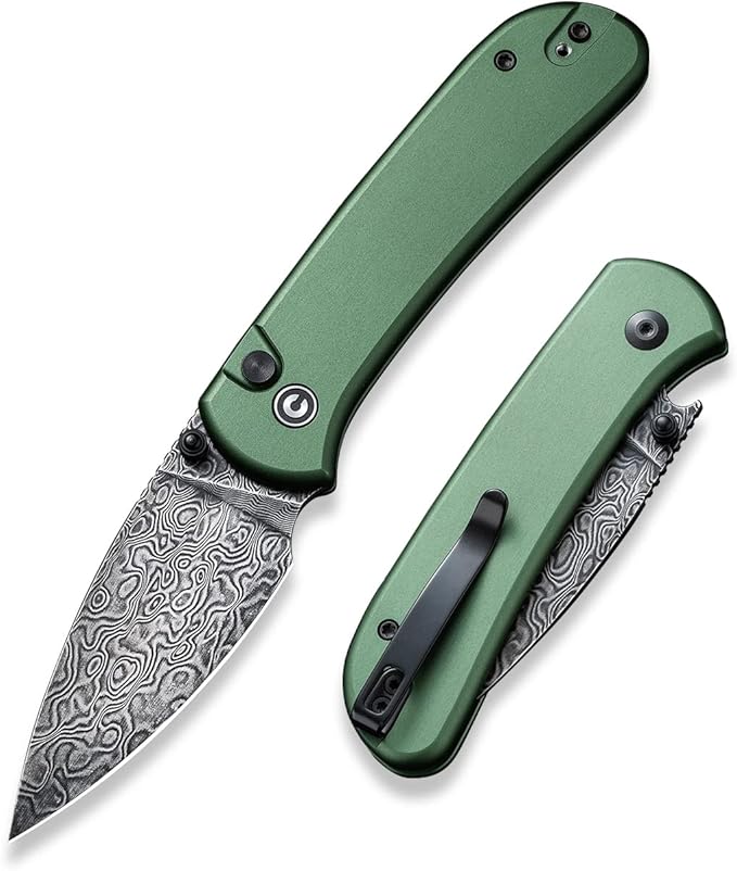 CIVIVI Pocket Folding Knife- Button Lock Knife with Thumb Stud Opener for EDC 2.98 Damascus Blade Aluminum Handle Qubit Utility Knife for Men Women Gift C20030E-DS1