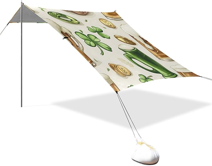 xigua St. Patrick's Day Beach Tent Sun Shelter with Carrying Bag - Silver Coated Oxford Fabric Beach Canopy for Beach Camping Fishing - Includes Windproof Ropes Sandbags &amp Stakes